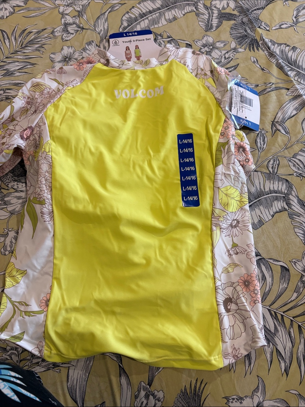Volcom Yellow Rash Guard with Floral Sleeves